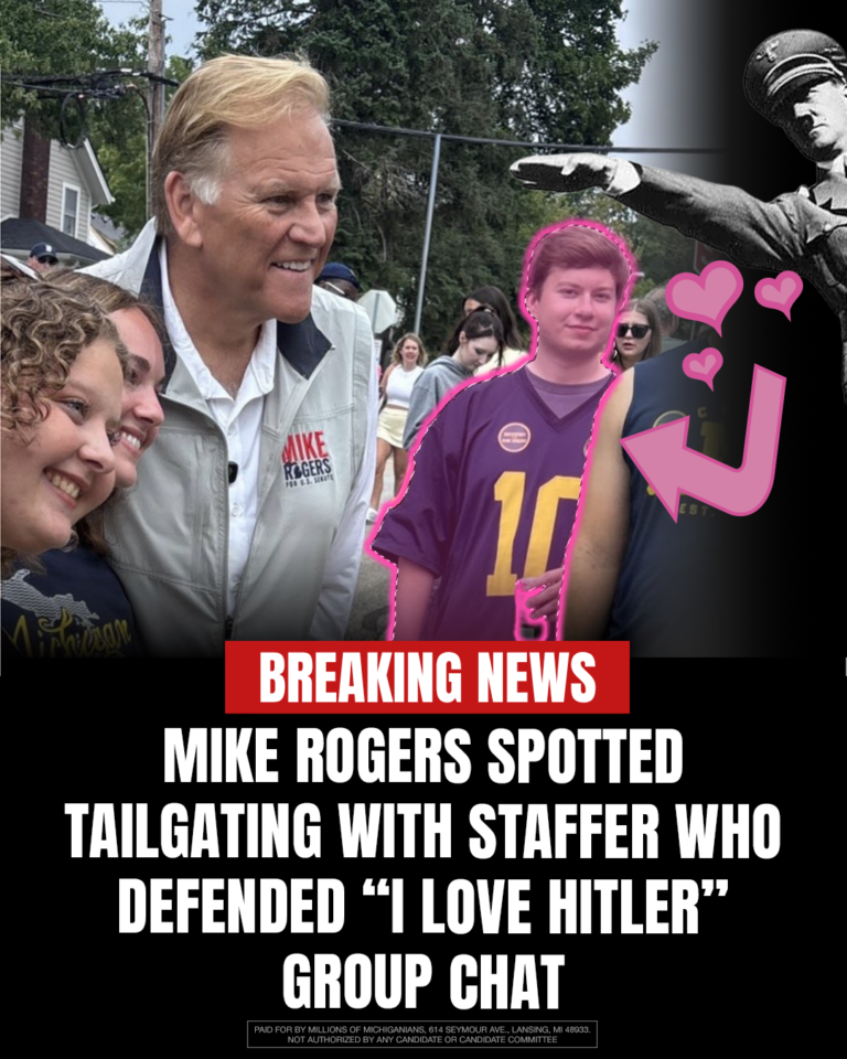Breaking news graphic: Mike Rogers spotted tailgating with staffer who defended &ldquo;I love Hitler&rdquo; group chat.