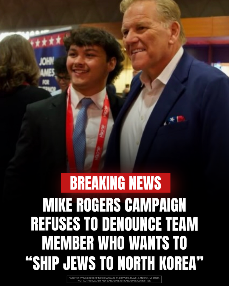 Breaking news graphic: Mike Rogers campaign refuses to denounce team member who wants to &ldquo;ship Jews to North Korea.&rdquo;
