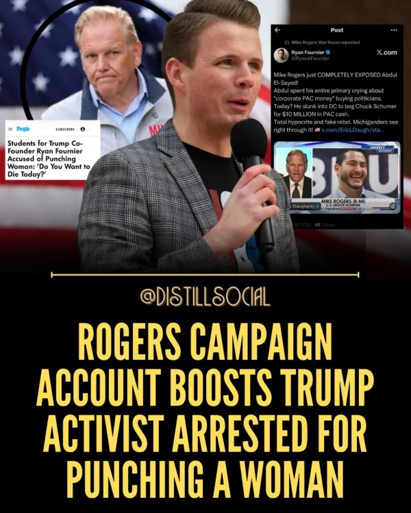 Distill Social graphic: Rogers campaign account boosts Trump activist arrested for punching a woman.