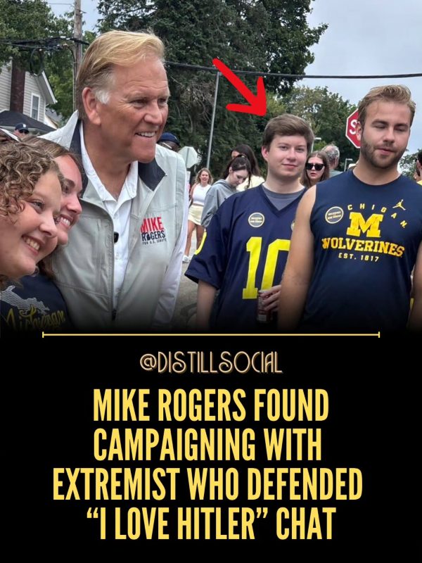 Distill Social graphic: Mike Rogers found campaigning with extremist who defended &ldquo;I love Hitler&rdquo; chat.