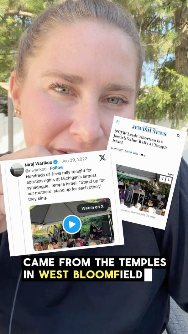 Video from Nikki Sapiro Vinckier about Jewish Michiganders rallying for abortion rights at Temple Israel in West Bloomfield.