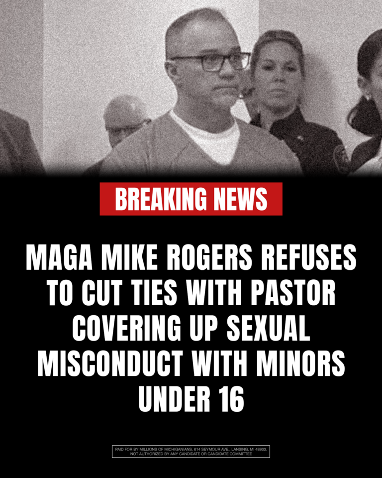 Breaking news graphic: MAGA Mike Rogers refuses to cut ties with pastor covering up sexual misconduct with minors under 16.