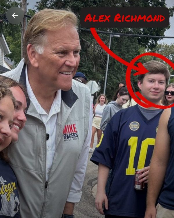 Senate Majority PAC photo of Mike Rogers greeting supporters, with Alex Richmond circled in the background.